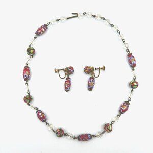 WEDDING CAKE bead set - 17" necklace & screw-back earrings vtg Venetian Murano